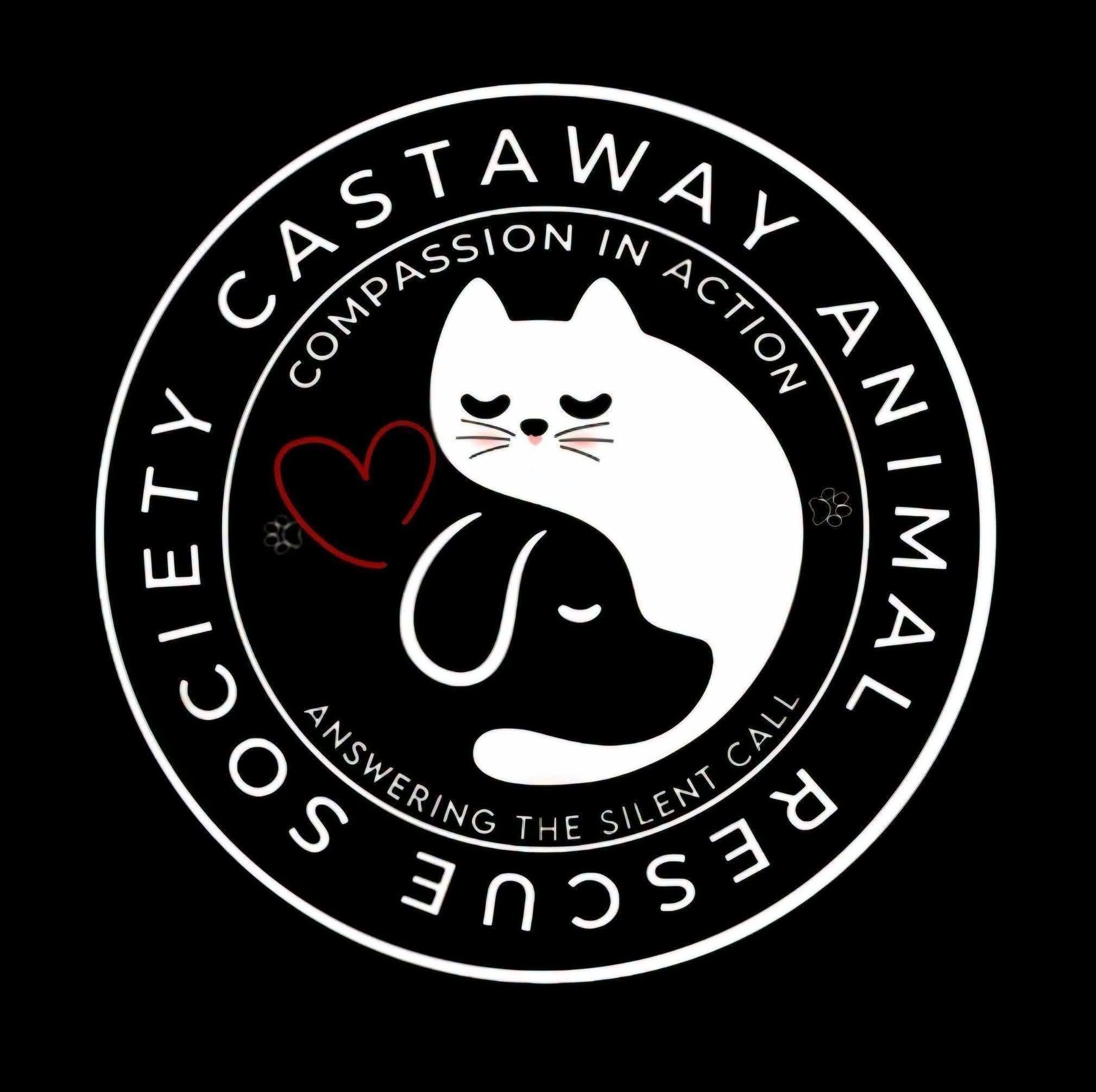 Logo with a cat and dog intertwined, red heart, and text 'Castaway Animal Rescue Society'.